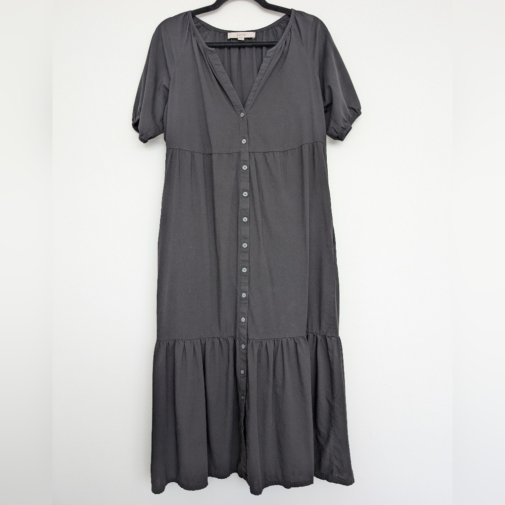 LOFT Puff Sleeve Button Down V Neck Tiered Midi Dress Sz S Cottagecore Coastal